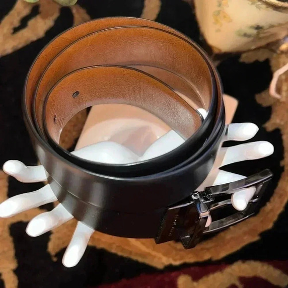 Perry Ellis Men’s Black Brown Reversible Leather Belt Gun Metal Square Buckle - Picture 4 of 16